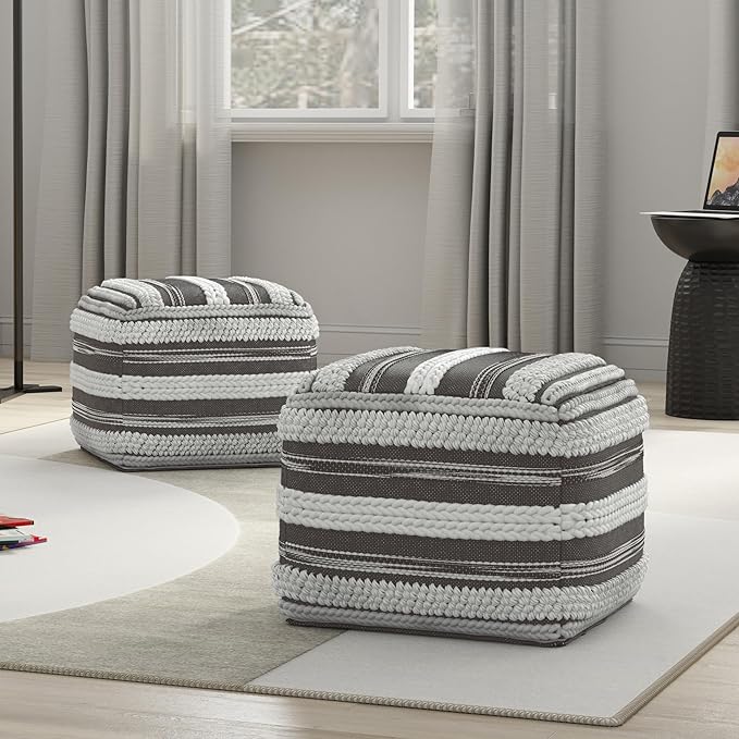 SIMPLIHOME Sommer Boho Square Pouf in Natural/Taupe Grey Handloom Woven Pattern for the Living Room, Bedroom and Kids Room