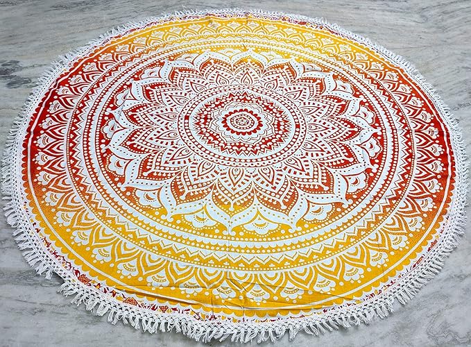 Round Beach Tapestry Turquoise Mandala Throw/Boho Hippie Beach Blanket Roundie/Indian Cotton Bohemian Large Round Table Cloth-Home Decor/Yoga Mat Meditation Picnic Rug (70", Yellow-Orange)