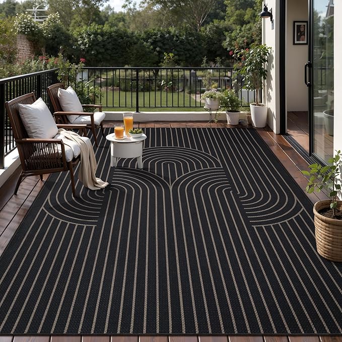 Tangsoo Modern Easy Jute Rug 8x10 Washable Area Rugs for Living Room,Black Non Slip Indoor Outdoor Carpet,Farmhouse Large Throw Mat for Balcony Backyard Dining Room Home Office Decor