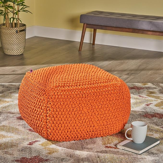 Christopher Knight Home Lucy Knitted Cotton Square Pouf, Orange, Small