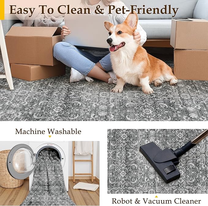HUGEAR 2x6 Runner Rug Hallway Vintage Grey Machine Washable Retro Floral Low Pile Carpet Vacuumable Distressed Long Throw Rug Bedroom Office Bathroom Kitchen Laundry Non Slip Soft Lightweight