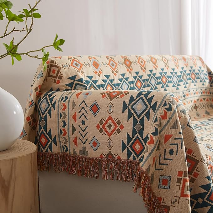 Boho Throw Blanket for Bed 90”x98”, 100% Cotton Woven Blanket for Couch Sofa, Ultra Soft 4-Layer Muslin Quilt with Diamond Pattern, Farmhouse Bed Blanket/Cover for Living Room Decor