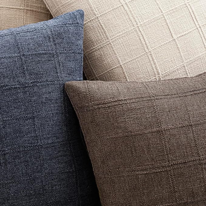 Foindtower Set of 2 Decorative Linen Check Throw Pillow Covers Neutral Farmhouse Lumbar Cushion Covers Modern Boho Home Decor for Sofa Chair Couch Bedroom Living Room,12×24 Inch,Dark Brown
