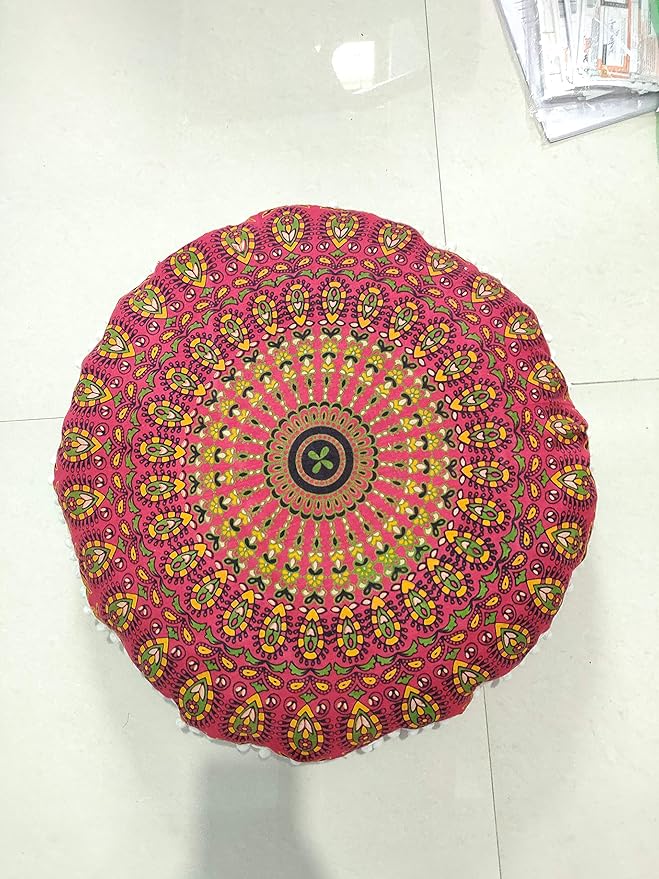 CRAFT KALA Mandala Floor Pillow Cushion Cover Seating Throw Cover Hippie Decorative Bohemian Ottoman Poufs Pom Pom Pillow Cases Boho Indian Cotton Living Room Yoga Home Décor (24" Round, Red Mirchi)