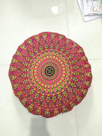 CRAFT KALA Mandala Floor Pillow Cushion Cover Seating Throw Cover Hippie Decorative Bohemian Ottoman Poufs Pom Pom Pillow Cases Boho Indian Cotton Living Room Yoga Home Décor (24" Round, Red Mirchi)