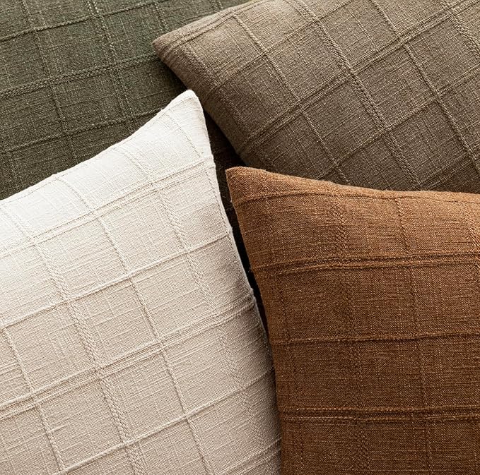 Foindtower Set of 2 Decorative Linen Check Throw Pillow Covers Neutral Farmhouse Vintage Cushion Covers Modern Boho Home Decor for Sofa Chair Couch Bedroom Living Room,20×20 Inch, Brown