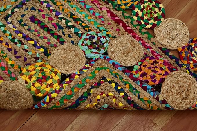 Rectangular Area Rug - 2x3 Feet Multicolor Cape Code Chindi Cotton Jute Rug Geometric Kilim Rug Indoor Outdoor Use Carpet Flatweave Rugs for Bedroom Dining Room Living Room