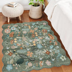 Floral Square Area Rug for Family: Washable 5x5 Scalloped Carpet for Living Room Bedroom Soft Water Resistant Floor Mat with Non Slip Backing for Kitchen Nursery Farmhouse Home Decor(5x5,Floral/Green)