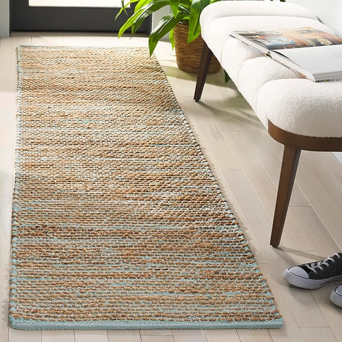 SAFAVIEH Cape Cod Collection Runner Rug - 2'3" x 8', Turquoise & Natural, Handmade Jute, Ideal for Living Room, Hallway, Foyer, Bedroom (CAP236K-28)