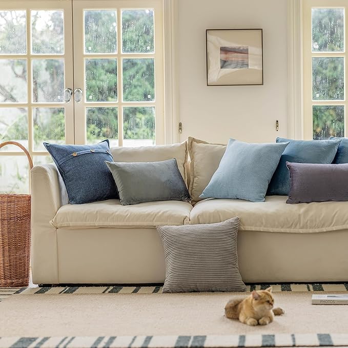 Home Brilliant Set of 2 Decorative Pillows Covers for Couch Striped Velvet Sofa Pillows Cover 40x40cm, 16 x 16 Inch, Light Grey