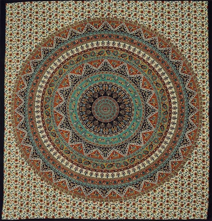 Popular Handicrafts Wall Hanging Tapestry for Bedroom Hippie Psychedelic Mandala Bohemian Hippy Intricate Floral Indian Tapestries Dorm Decor 84 x 90 Inches (215cm x 230cm) Green Orange Black