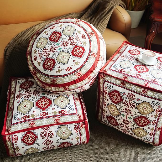 Unstuffed Pouf Cover Ottoman Footrest Bohemian Chenille Foot Stool Floor Bean Bag 18x18x18 Inches for Living Room Bedroom Home Decor (Red, Cube)