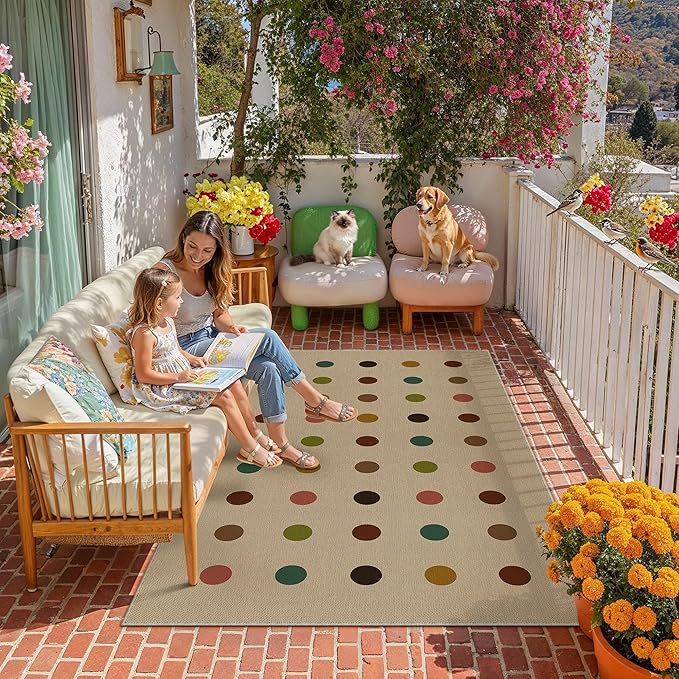 HUGEAR 4x6 Jute Outdoor Indoor Rug Washable Geometric Linen Textured Weave High Traffic Stain Resistant Non Slip Durable Carpet for Livingroom Patio Deck Balcony Courtyard (Rainbow, 4' x 6')
