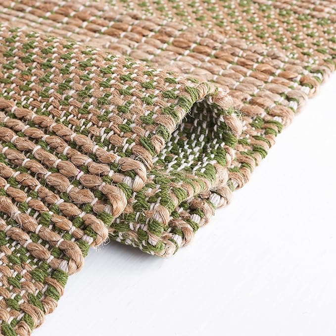 SAFAVIEH Natural Fiber Collection Area Rug - 10' x 14', Green & Natural, Handmade Boho Farmhouse Rustic Jute & Cotton Jute, Ideal for High Traffic Areas in Living Room, Bedroom (NFB654Y)