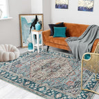 Amearea Vintage Design Blue Area Rugs for Living Room, 4x6 Machine Washable Floral Collection Traditional Bedroom Rug, Low Pile Dinning Room Carpet, No Slip Office Kitchen Home Decor, Light Blue
