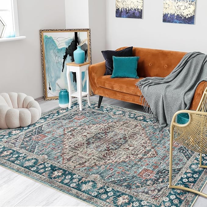 Amearea Vintage Design Blue Area Rugs for Living Room, 4x6 Machine Washable Floral Collection Traditional Bedroom Rug, Low Pile Dinning Room Carpet, No Slip Office Kitchen Home Decor, Light Blue