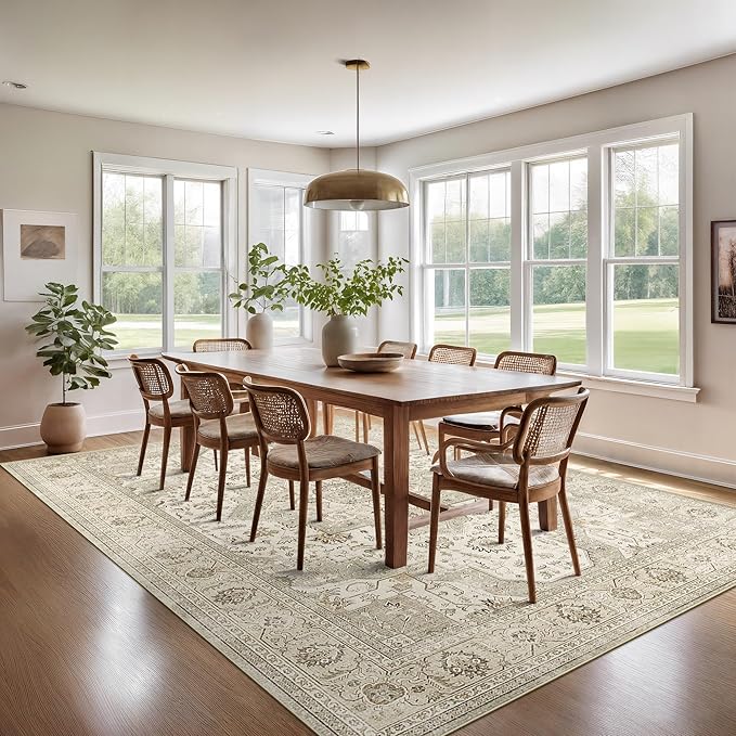 Washable Rugs 9x12, Large Area Rugs 9x12 Living Room with Non-Slip Backing, Super-Soft Floral Vintage Rug, Low Pile Area Rug for Bedroom, Dining Room, Office (Ivory/Beige, 9'x12')