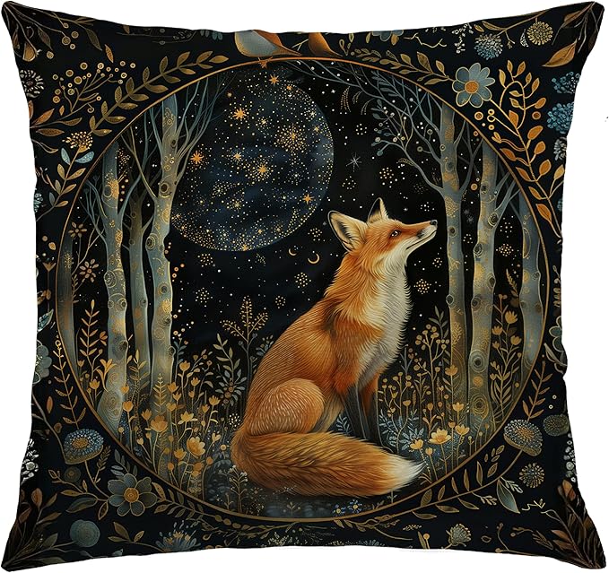 Vintage Dark William Morris Fox Floral Print Pillow Covers 18x18,Cottagecore Fox Decor,Dark Dcademia Animal Floral Decorative Throw Pillow Covers for Home Bedroom Living Room