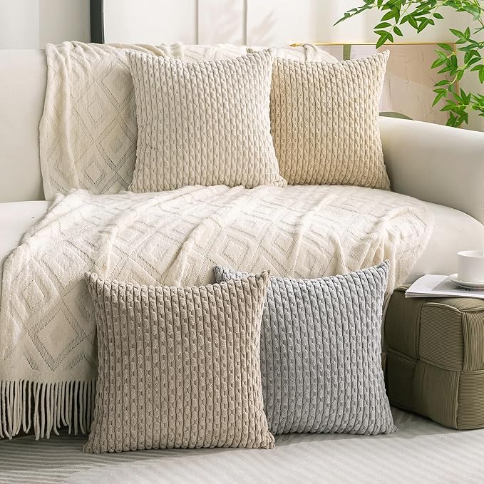 Set of 4 Neutral Decorative Throw Pillow Covers 20x20 Inch Corduroy Pillow Covers for Bed Couch Sofa Living Room Soft Square Cushion Cases
