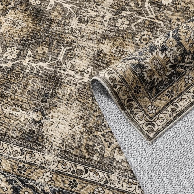 Vintage Area Rug 6x9 Brown Washable Living Room Large Carpet Non Slip Bedroom Indoor Office Low Pile Traditional Distressed Retro Accent Rug for Dining Room Kitchen
