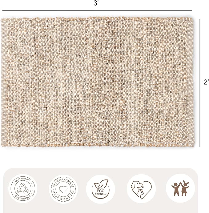 · REDEARTH · Jute Cotton Area Rug - 2'x3' Rectangular Rug, Sustainable Handwoven, Non-Shedding, Soft & Durable – Reversible, Neutral Tones for Home Décor in Living Room, Dining Room, Bedroom