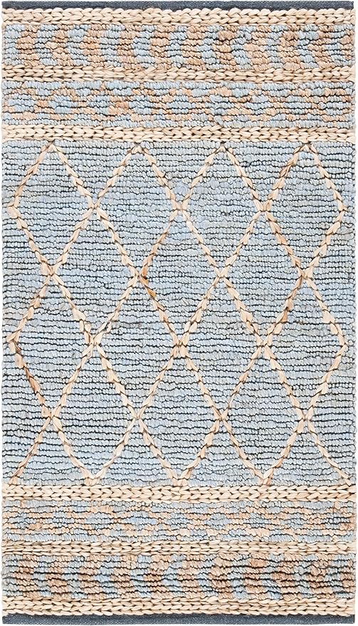 SAFAVIEH Natural Fiber Collection Accent Rug - 3' x 5', Natural & Blue, Handmade Boho Moroccan Trellis Jute, Ideal for High Traffic Areas in Entryway, Living Room, Bedroom (NF955N)
