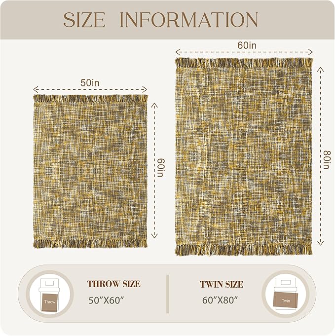 Multi-Color Gold Cable Woven Throw Blanket for Couch,50"X60" Boho Style Textured Blankets for Home Decor,Super Soft Warm Cozy Chunky Blanket with Decorative Tassels for Bed and Sofa