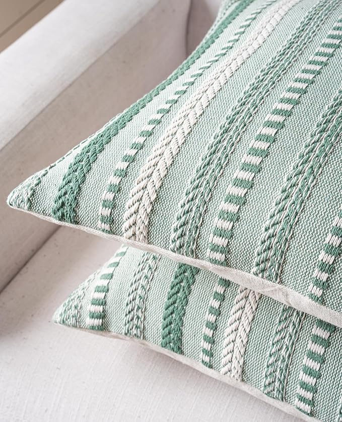 Boho Throw Pillow Covers 20x20 Inch Set of 2, Farmhouse Decorative Couch Pillow Cases, Light Green Accent Pillows of Bed, Sofa Bedroom Living Room Home Decor Cushion Cover