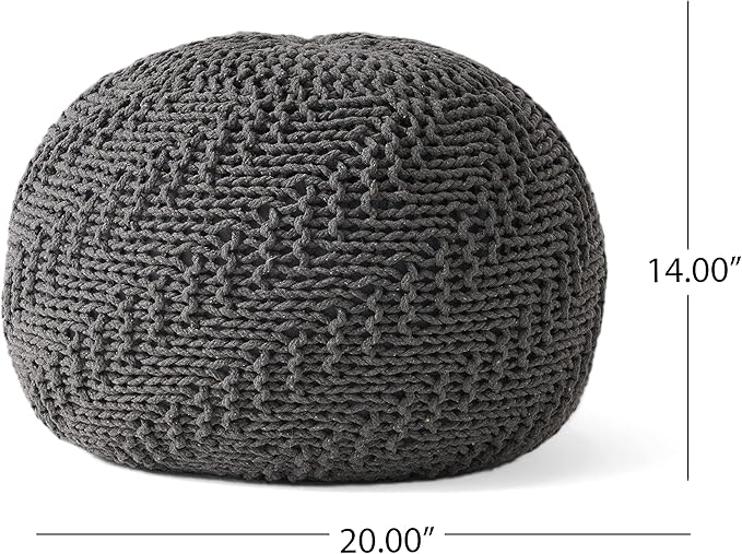 Handcrafted Knitted Cotton Round Pouf - 20x20, Modern Design, Soft and Comfortable, No Assembly, Home Decor, Knit Ottoman, Boho Floor Pouf for Living (Knitted Pouf - Dark Gray)