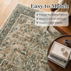 Vintage Distressed 5x8 Area Rugs for Living Room Bedroom, Low Pile Machine Washable Non Slip Dining Room Carpet Rugs for Under Table/Home Office/Kitchen, Multi Brown with Olive Accents