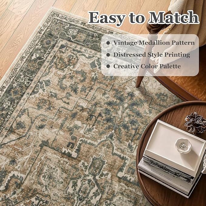 Vintage Distressed 5x8 Area Rugs for Living Room Bedroom, Low Pile Machine Washable Non Slip Dining Room Carpet Rugs for Under Table/Home Office/Kitchen, Multi Brown with Olive Accents