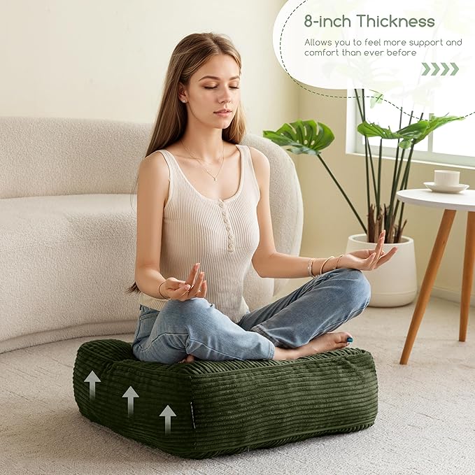 HIGOGOGO 8" Extra Thick Floor Pillow Cushion for Adults, Meditation Cushion Pillow, Large Square Floor Sitting, Tufted Corduroy Cover, for Tatami Living Room or Yoga, 22x22 Inch, Dark Green