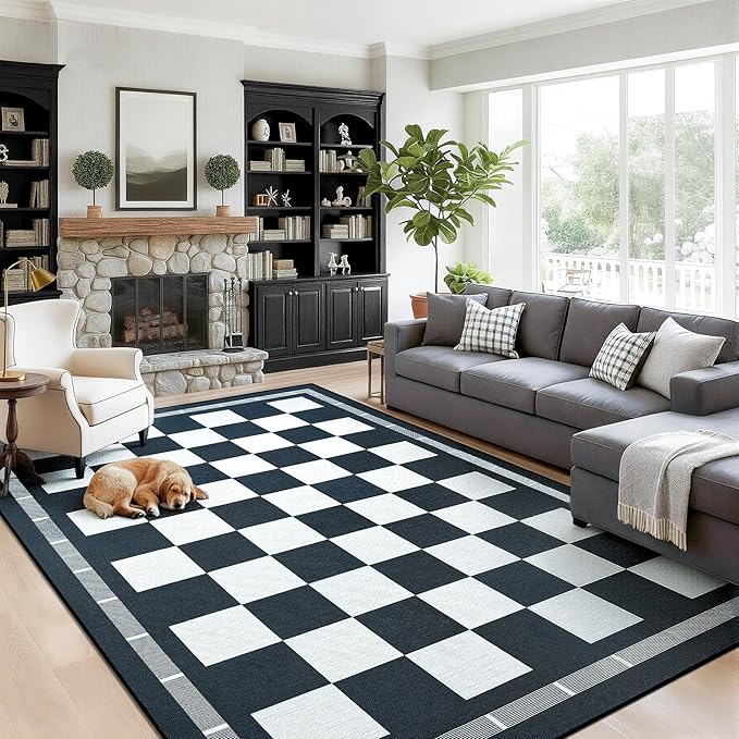 Vasofe Checkered Jute 6x9 Area Rugs, Washable Outdoor Patio Rug for Living Room Entrance Indoor Carpet, Non Slip Farmhouse Neutral Geometric Rugs for Bedroom Dining Room Backyard, Black and White