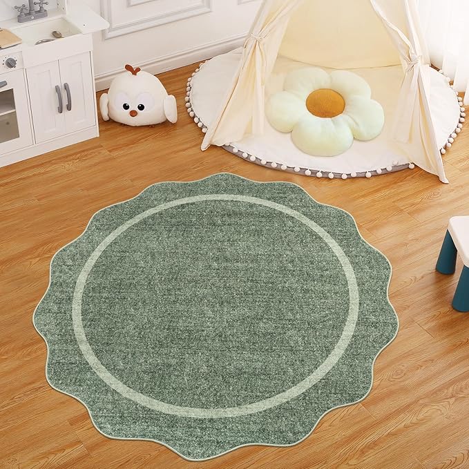 GarveeHome Scalloped Washable Round Rugs, Non-Slip Soft Round Rug 4 ft Ultra-Thin, Small Boho Circle Stain Resistant Low Pile Carpet for Entryway Kitchen Bedroom Nursery Bathroom, Greyish Green