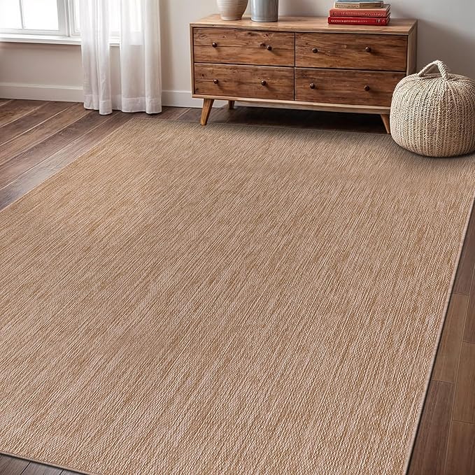 Washable Indoor Outdoor Rug 10x14 Weather Resistant Area Rugs Modern Solid Jute Rug for Porch Deck Balcony Backyard Patio Outside Carpet (10 X 14 Jute Beige)