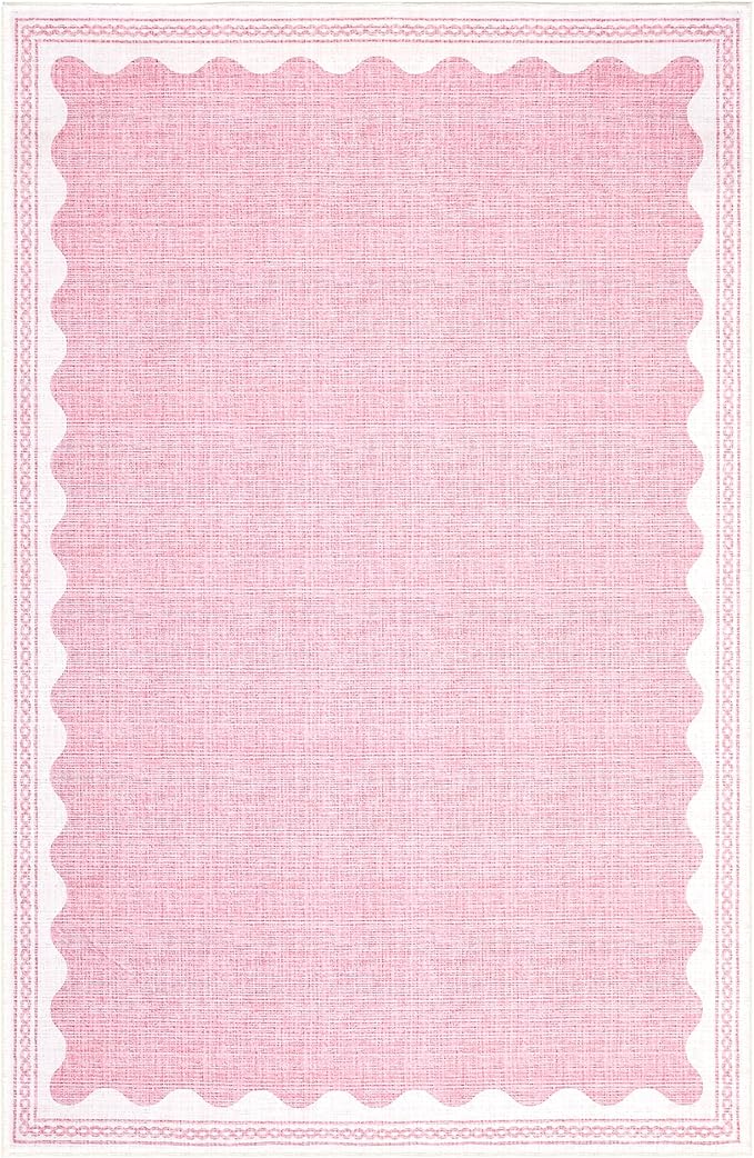 GarveeHome Washable Rugs 5x7 Area Rug for Living Room, Scalloped 5 x 7 Rug Solid Pink Modern Minimalism Low-Pile Carpet for Bedroom Dining Nursery Non Slip Mat with Rubber Back