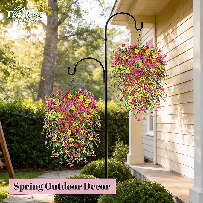 Der Rose Artificial Hanging Flower Basket for Outdoors Fake Hanging Flowers Plants with 4 Faux Silk Trailing Vines for Porch Patio Balcony Spring Decor