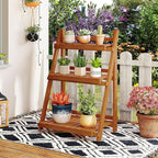 Giantex Foldable Ladder Plant Shelf, 3-Tier Solid Wood Indoor Outdoor Flower Pot Display Rack, Corner Storage Bookshelf, Freestanding Tiered Plant Stand for Garden Patio Balcony, No Assembly