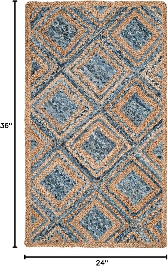 SAFAVIEH Cape Cod Collection Accent Rug - 2' x 3', Natural & Blue, Handmade Flat Weave Diamond Braided Jute & Denim, Ideal for High Traffic Areas in Entryway, Living Room, Bedroom (CAP354A)