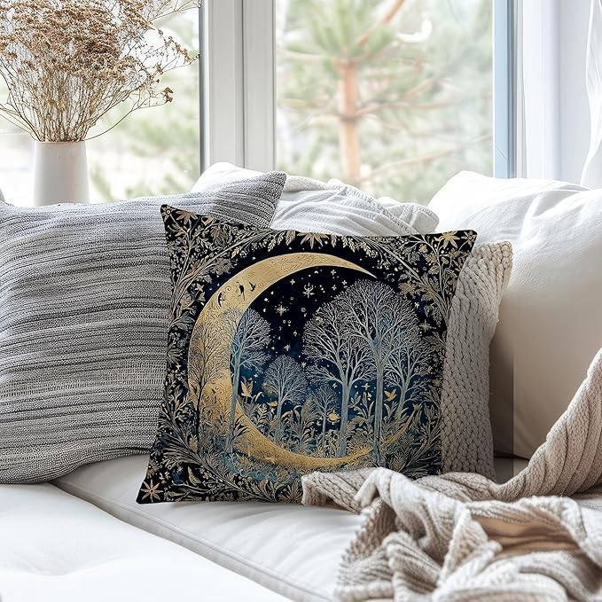 Dark Vintage William Morris Night Moon Forest Decor Pillow Covers 18x18,Black Forest Decor,Dark Dcademia Floral Decorative Throw Pillow Covers for Home Bedroom Living Room