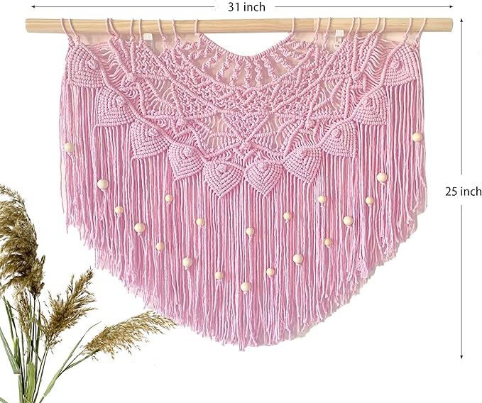 Youngeast Large Macrame Wall Hanging Boho Beaded Curtain for Window Macrame Bedroom Headboard Living Room Wall Art Tassel Tapestry Bohemian Woven Wall Decor 31" W X 25" H (Pink)