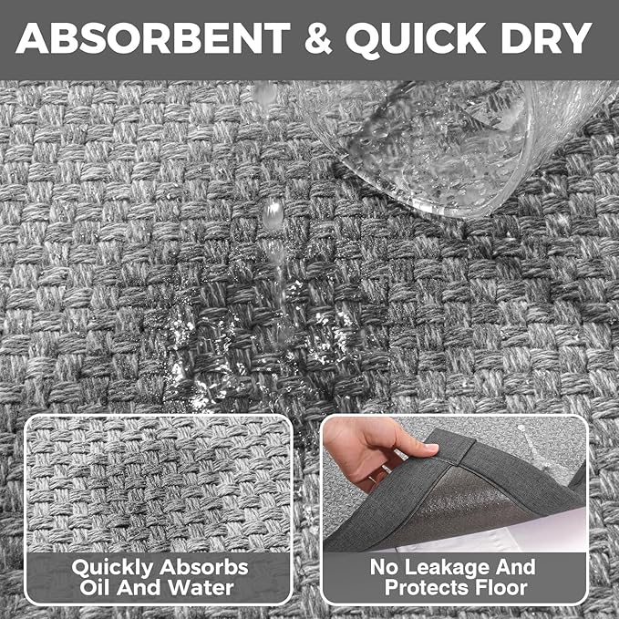 Anti Fatigue Kitchen Rugs Mat Non Slip Washable, 0.4" Thick Soft Cushioned Absorbent Kitchen Mats for Floor, Jute-Like Woven Laundry Standing Mats Sink Mat, Easy Clean Care, Gray 17"x30"