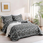 JSD Black Paisley Floral Quilt Set Full Queen, 3 Piece Printed Bedspreads Coverlet with Pillow Sham, Soft Microfiber Quilted Blanket
