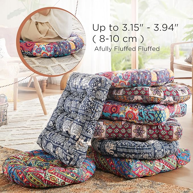 Codi Meditation Floor Pillow, Boho Pillows Seating for Adults and Kids, Large Round Cushion for Yoga Living Room Tatami Sitting, Memory Foam Added, 22x22 Inch, Multi Patchwork