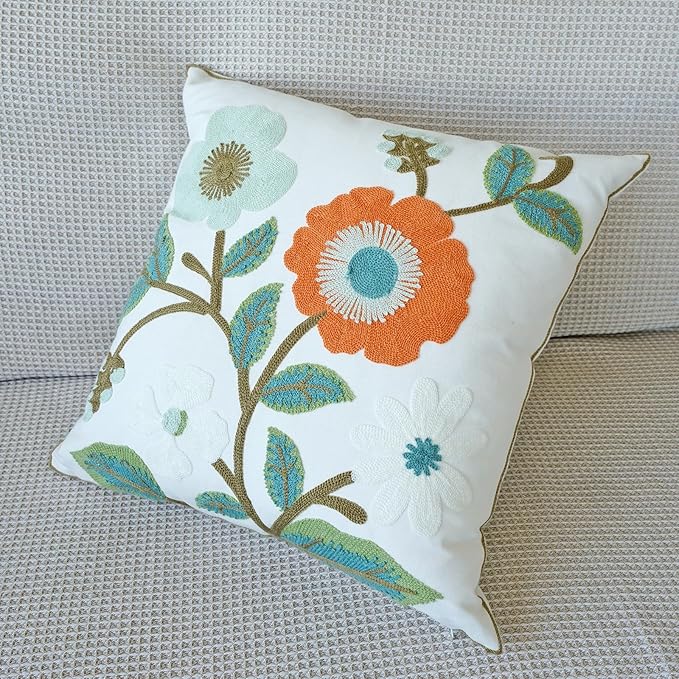 vctops Floral Embroidered Pillow Covers 18x18 Inch Spring Summer Cotton Tufted Throw Pillow Cover Outdoor Garden Cushion Case for Sofa, Bed, Living Room (Flower G,18"x18")