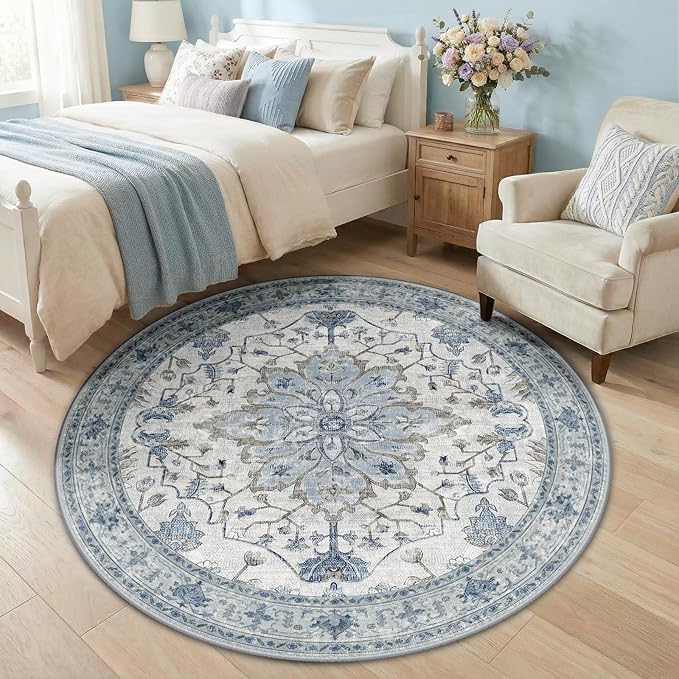 Area Rugs 5ft Washable Non-Slip, Floral Vintage Distress Print Pattern Medallion Carpet for Living Room Bedroom Dining Room, Light Blue Navy Beige Gray White