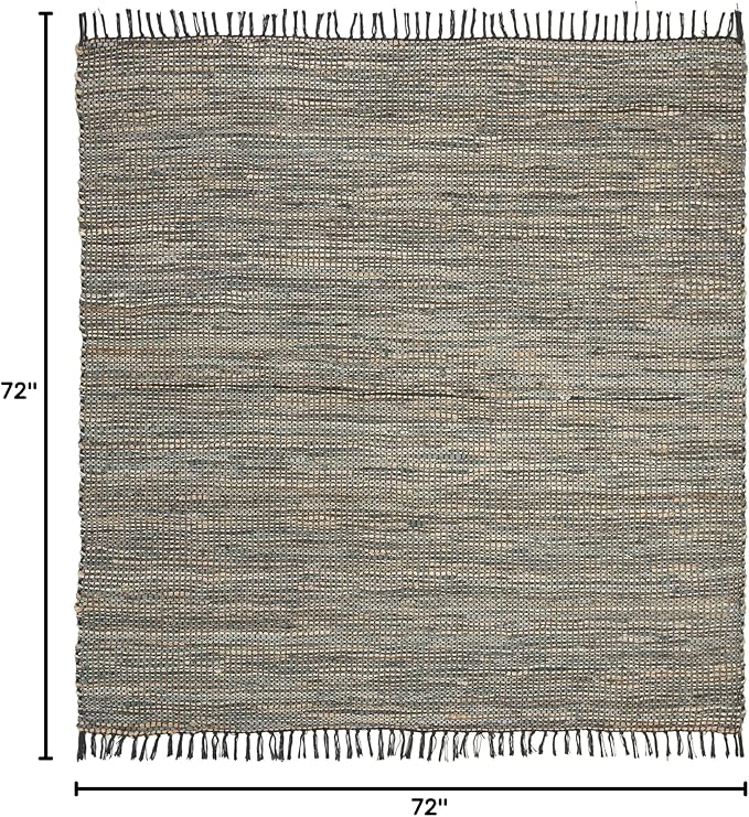 SAFAVIEH Vintage Leather Collection Area Rug - 6' Square, Grey, Handmade Boho Fringe Leather & Jute, Ideal for High Traffic Areas in Living Room, Bedroom (VTL203F)
