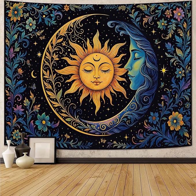 Accnicc Sun and Moon Tapestry for Bedroom Hippie Boho Floral Wall Tapestry Aesthetic Vintage Flower Plant Celestial Spiritual Large Tapestries Wall Hanging for Living Room Dorm 80 x 60 Inch