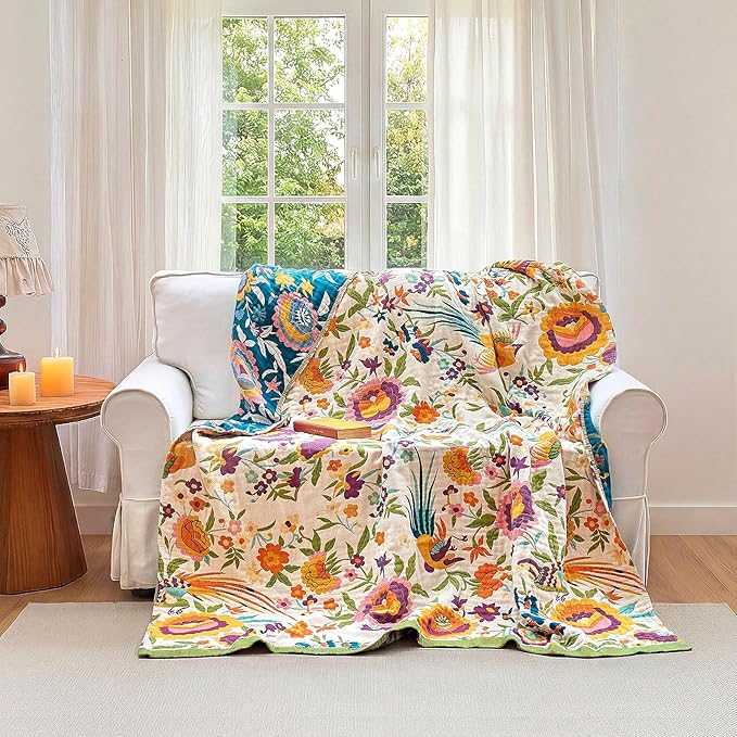 Boho Throw Blanket - 50"x60" 100% Cotton Ultra Soft Lightweight Blanket, 4-Layer Breathable Muslin Spring Blankets for Bed Couch, Reversible Green Floral Bird Printed Bohemian Cotton Quilt