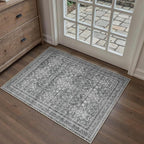 HUGEAR 2x3 Entryway Area Rug Vintage Grey Small Rug Machine Washable Door Mat Retro Floral Low Pile Carpet Vacuumable Distressed Throw Rug Entrance Kitchen Bathroom Bedroom Non Slip Lightweight